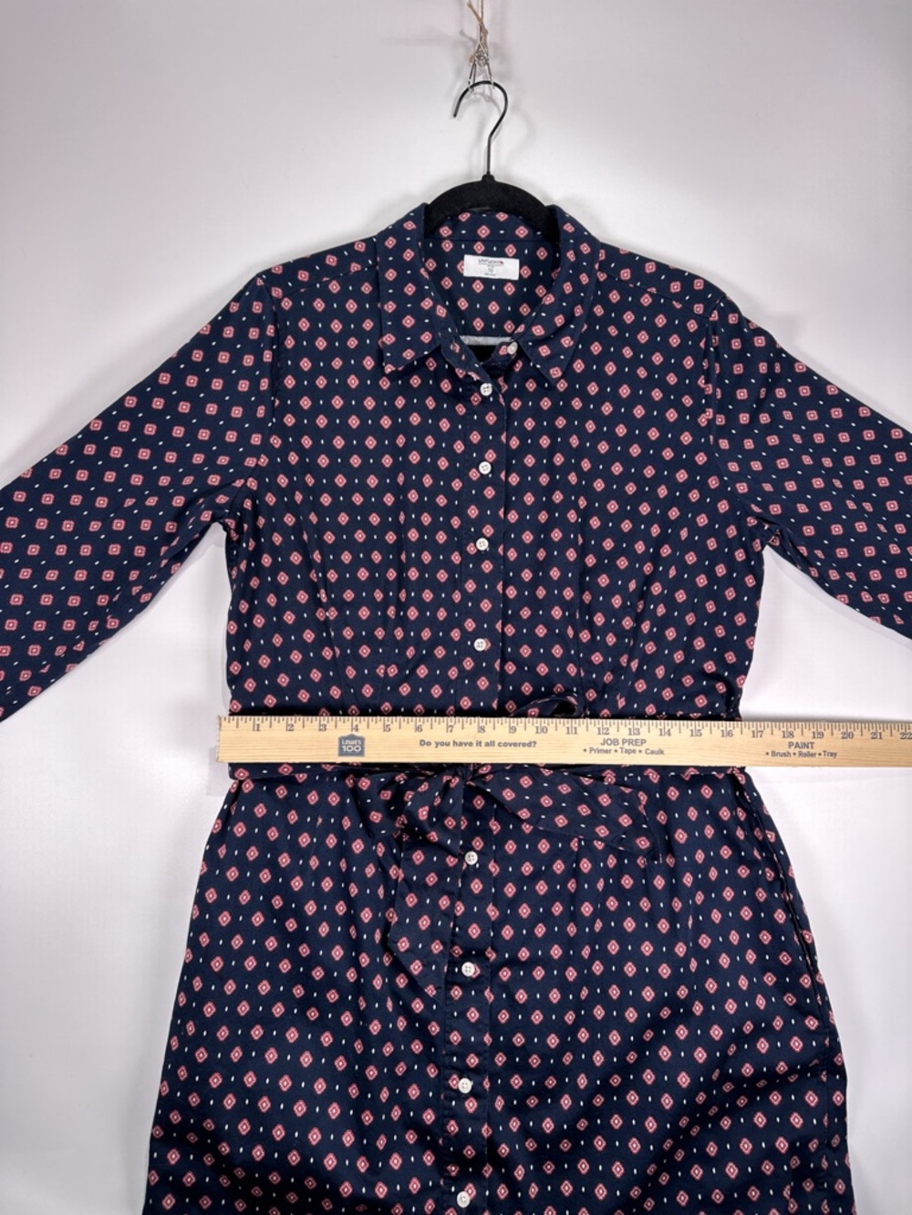 UNTUCKit Marie Shirt Dress Belted Button Front Geometric Navy Size 10 - Picture 10 of 13